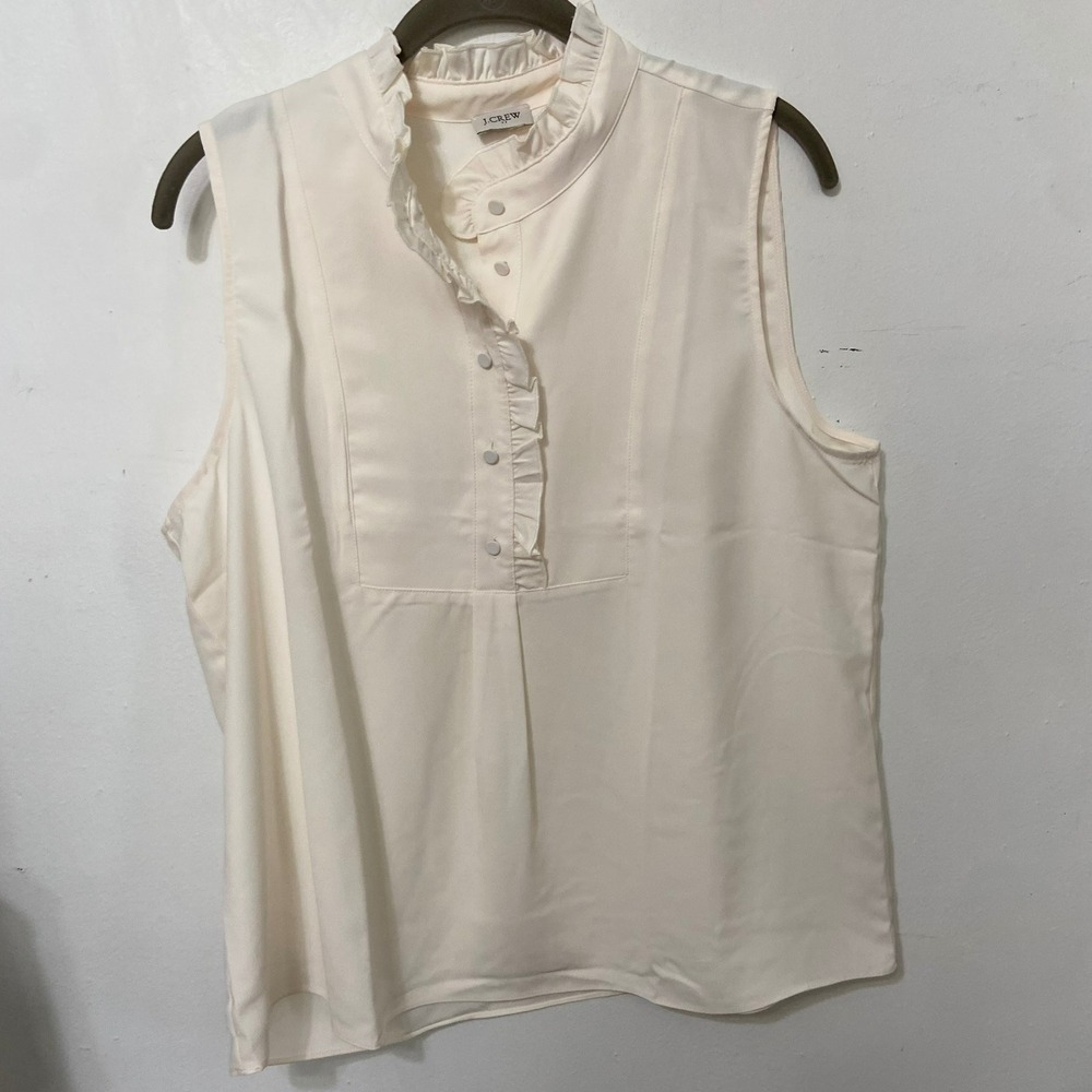 J.Crew Womens Sleeveless Ruffle Neck Button Front Bib Blouse Ivory Top L READ